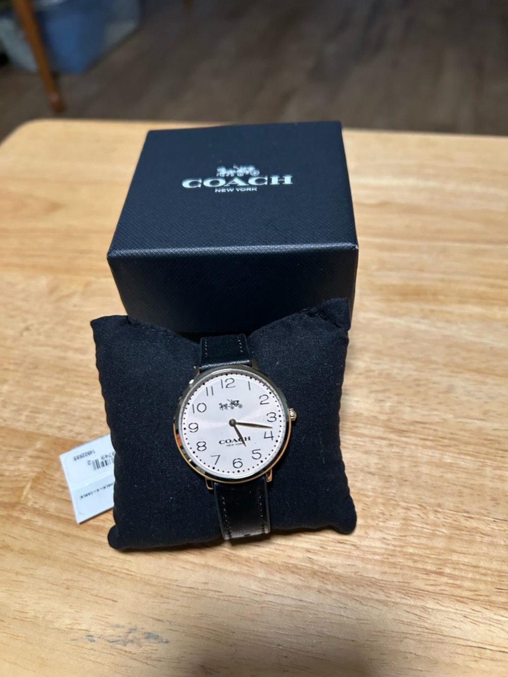 Coach Womens Black Leather Strap Watch with White Dial and Gold Case